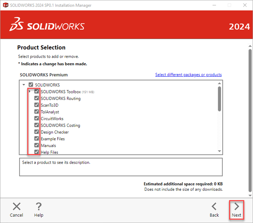 SOLIDWORKS Installation Manager, product selection, serial number