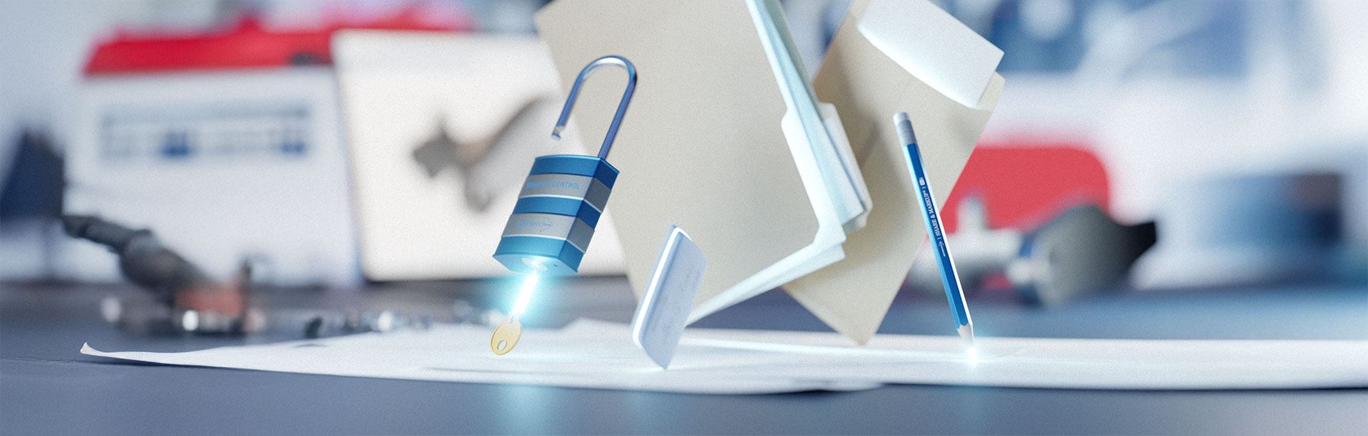 A computer-generated graphic of a lock, a pencil, an eraser and some documents landing on a desk.