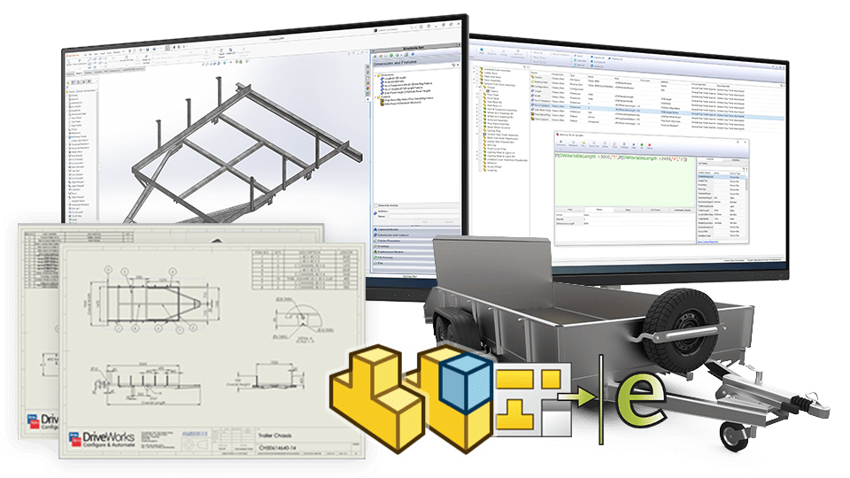 A graphic showing what the software looks like on a computer screen and examples of 3D models