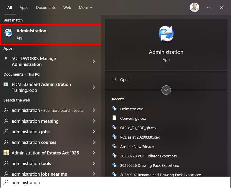 A screenshot showing the Administration app in the Windows start menu.