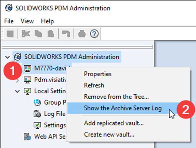 A screenshot of the 'Show the Archive Server Log' option in the Administration app.