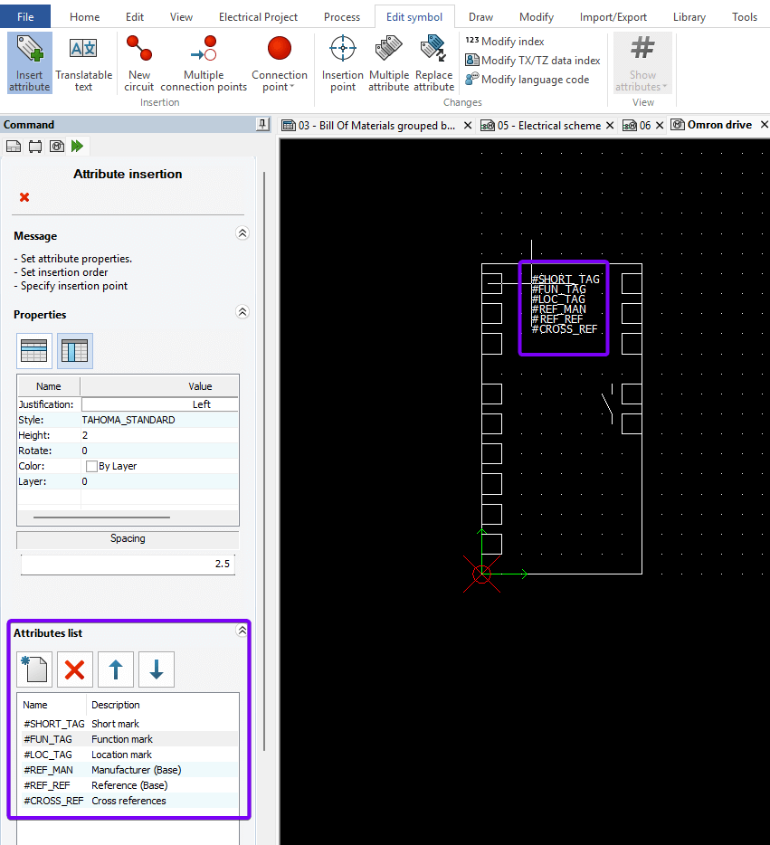 An image detailing the Attribute list option and an attribute placed in the graphics window.