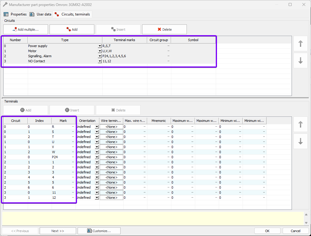 A screenshot highlighting the Circuit and Terminal information in SolidWorks.