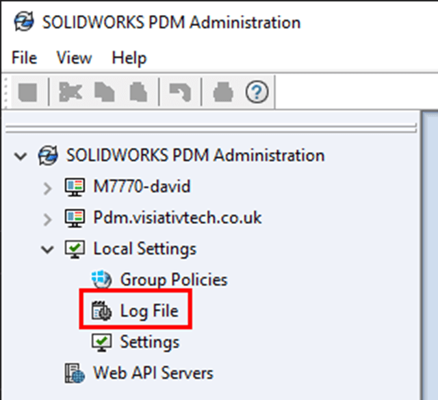 The 'Log file' option highlighted in the Administration app. 