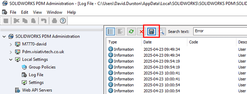 The 'Save' icon highlighted in the Administration app.