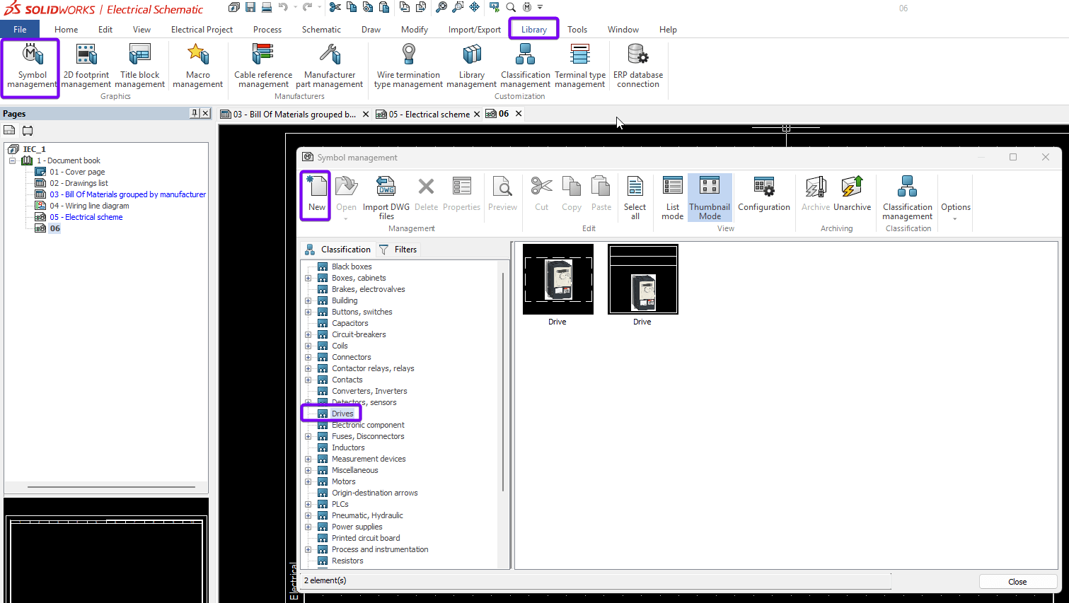 A screenshot of the SolidWorks Electrical interface with the Library tab, Symbol Management, Classification and 'New' options highlighted.