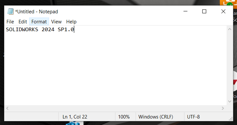 A screenshot of an open Microsoft Notepad document with the following words typed - SOLIDWORKS 2024 SP1.0