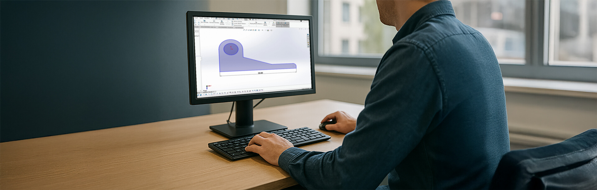 Man working at computer on desk, previewing sketch dimensions on SOLIDWORKS