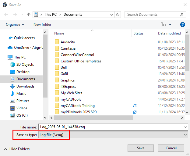 A screenshot of the save dialog box with the file type .cog highlighted. 