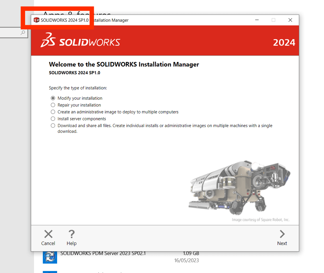 Screenshot highlighting the SolidWorks year version and service pack level at the top of the installation manager window. Typed as follows: SOLIDWORKS 2024 SP1.0