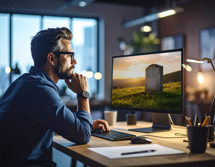 Man sits at a desk looking at desktop computer.