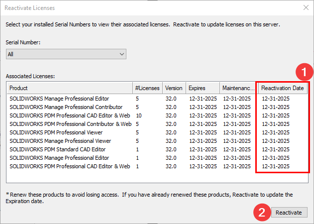Reactivate licenses window showing the updated reactivation date