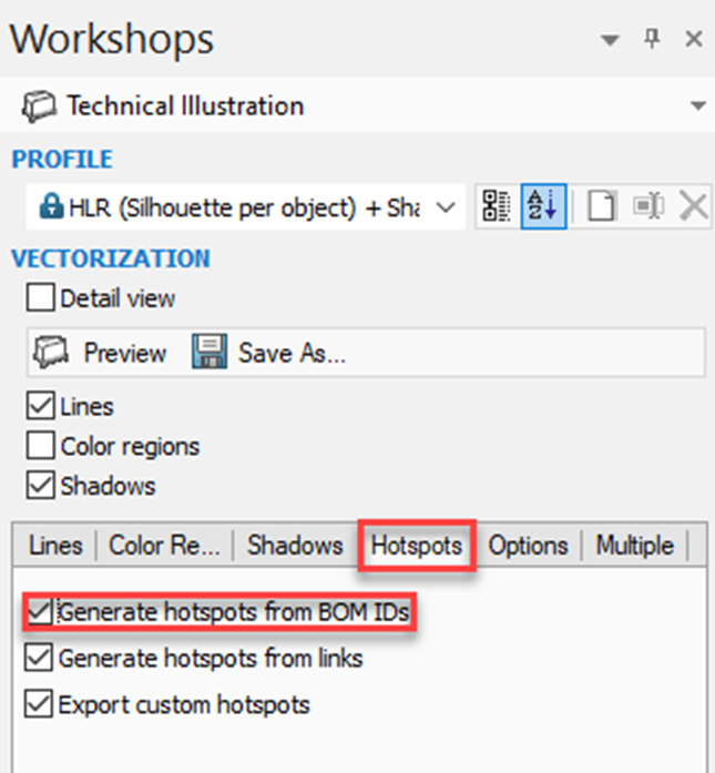Screenshot of the hotspots tab of the Technical Illustration Workshop