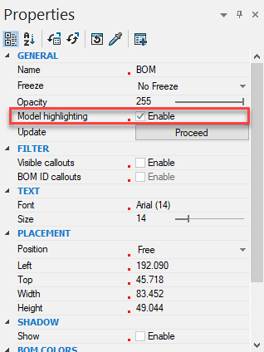 Screenshot of the 'Model highlighting' setting enabled in the BOM properties.