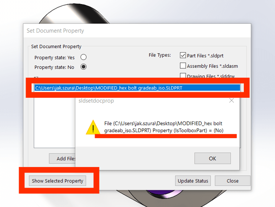 Pop up window shows - File (File path\file name) Property (IsToolboxPart) = (No)