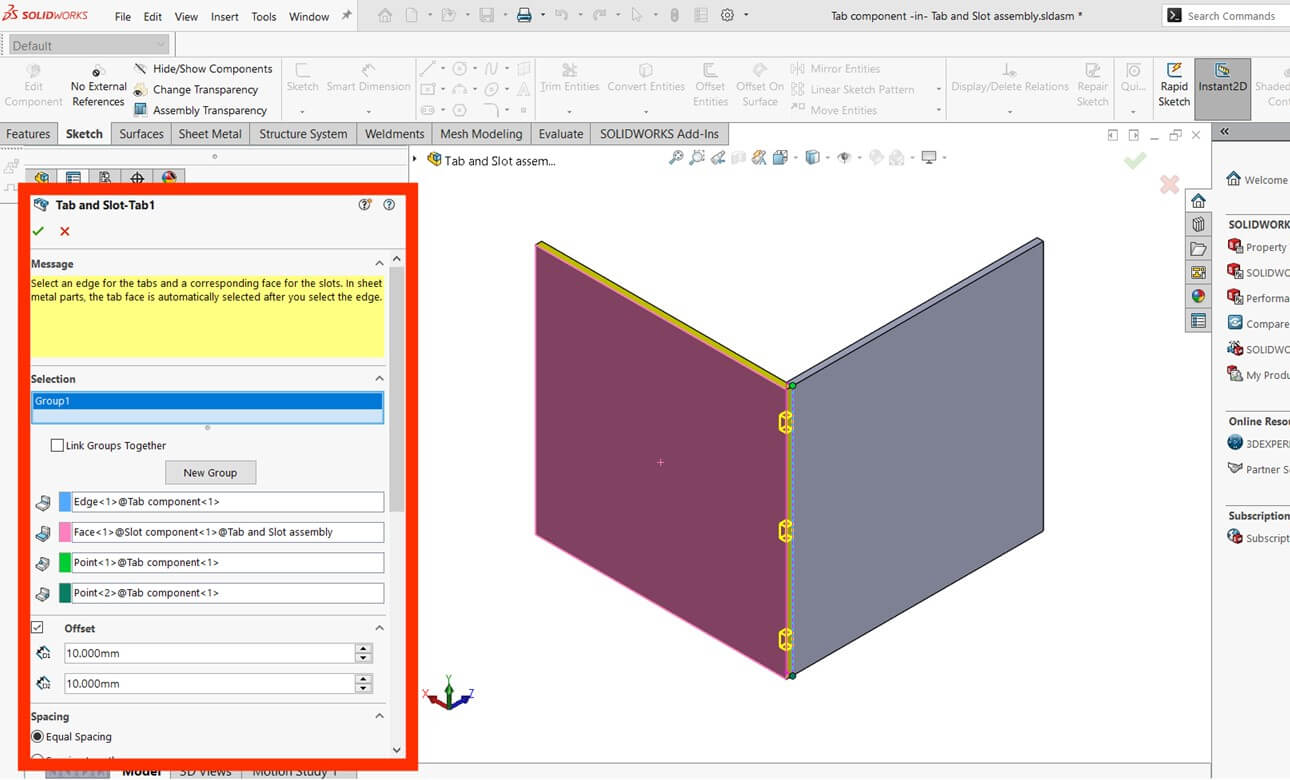 Set the tab and slot parameters in the property manager