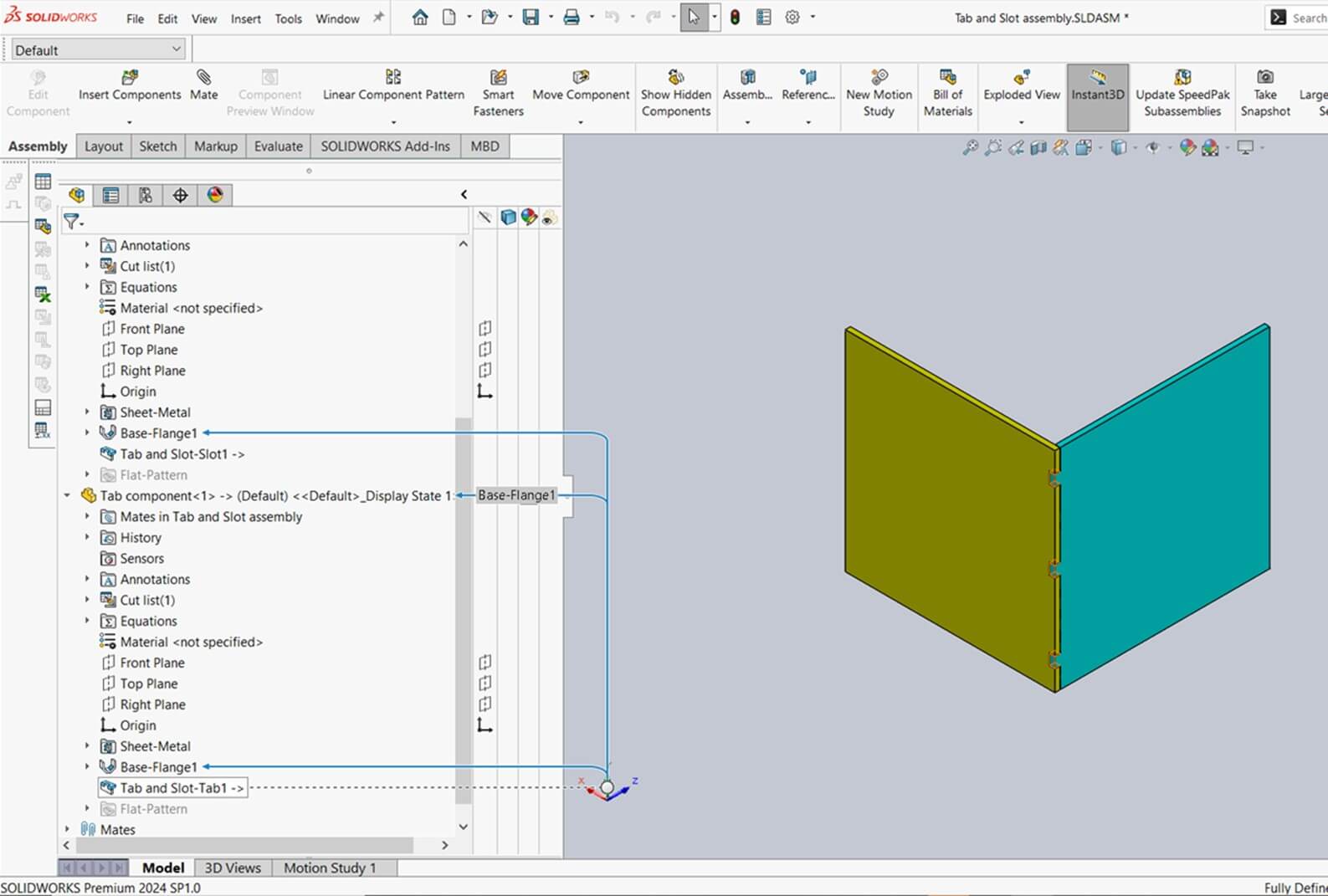 SolidWorks adds an in context feature to both the tab and slot parts