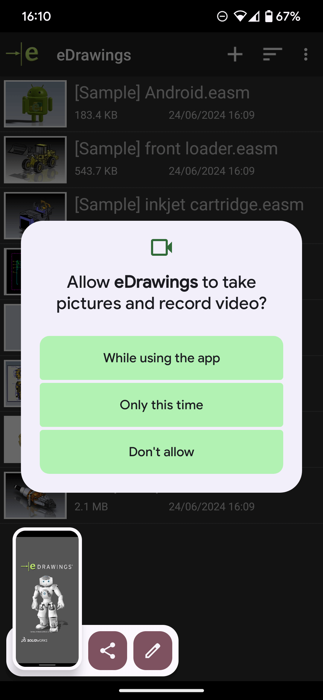 eDRAWINGS Mobile Permissions Screenshot