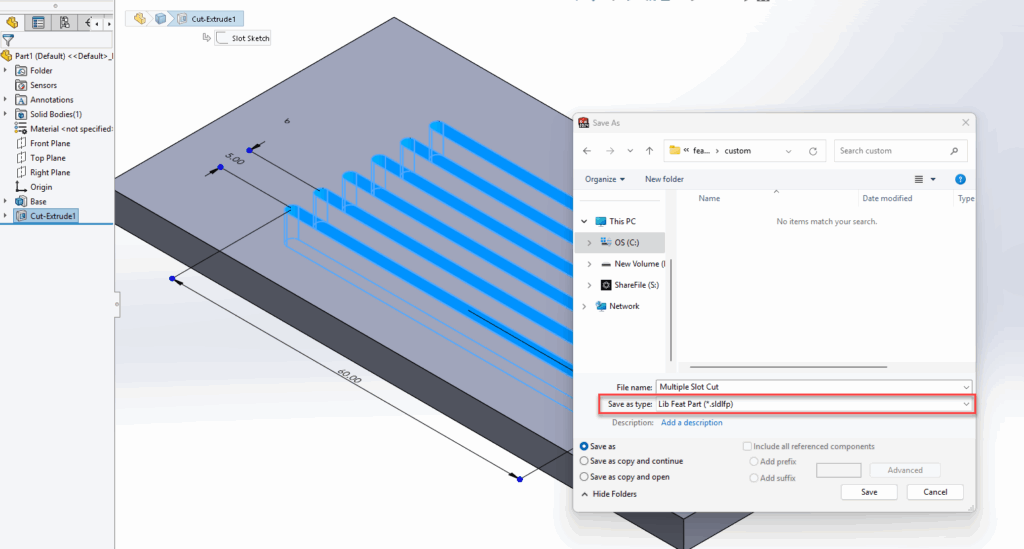 Solidworks-Library Feature-sheet metal-vent-tutorial-save as