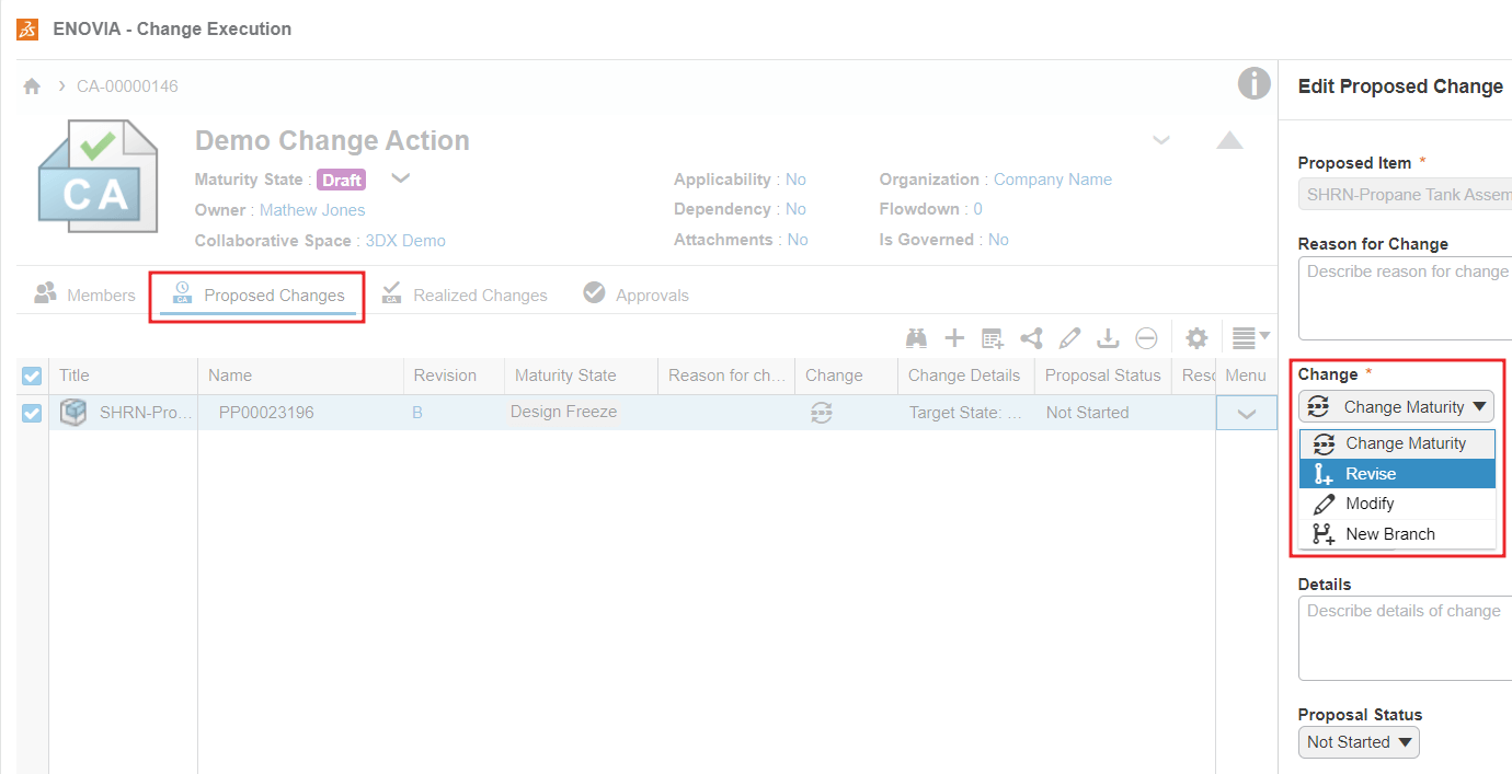 Proposed changes tab. Select the 'Change' dropdown menu.