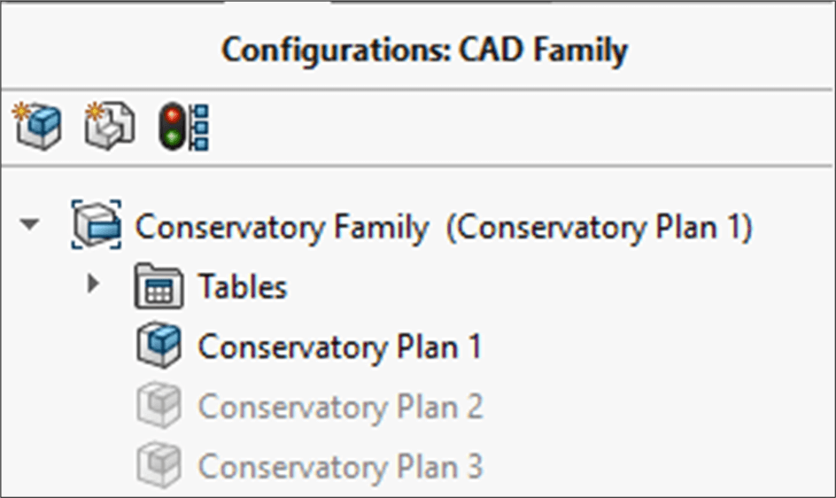 A screenshot of a CAD Family configuration tree.