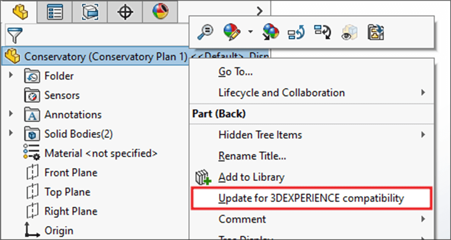 Right click the top level part in the feature tree and select 'Update for 3DEXPERIENCE compatibility' from the sub-menu.