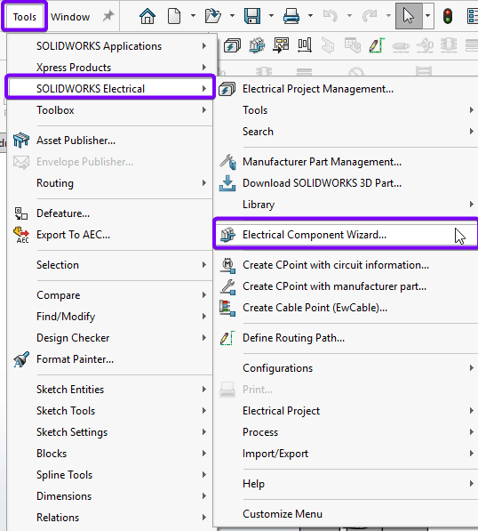 Tools->SOLIDWORKS-Electrical-Routing-Component-Wizard