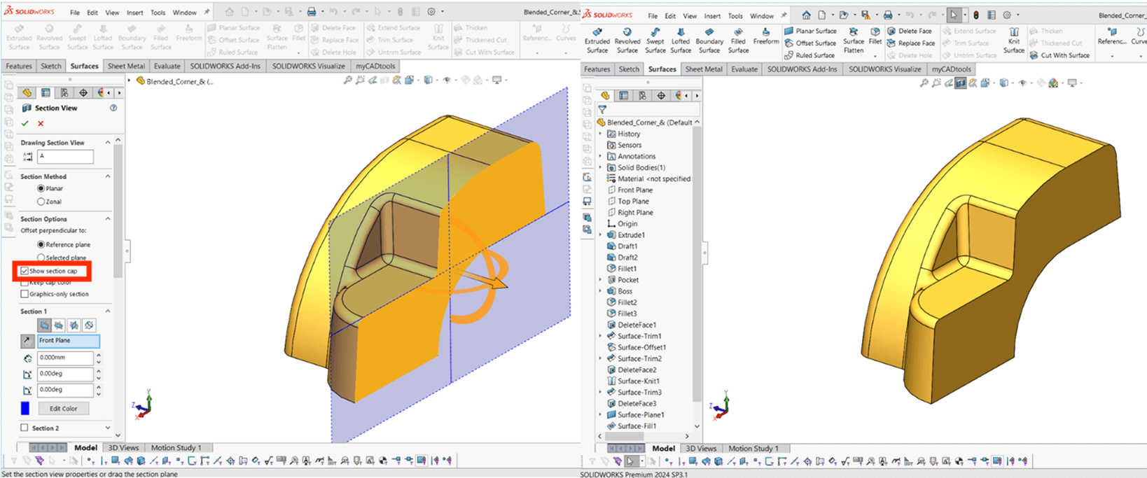 SolidWorks Model Hollow Section view settings CAP