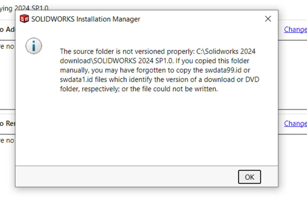 SolidWorks Installation Manager error message screenshot - The source folder is not versioned properly. File path C:\Solidworks 2024 download\SOLIDWORKS 2024 SP1.0.