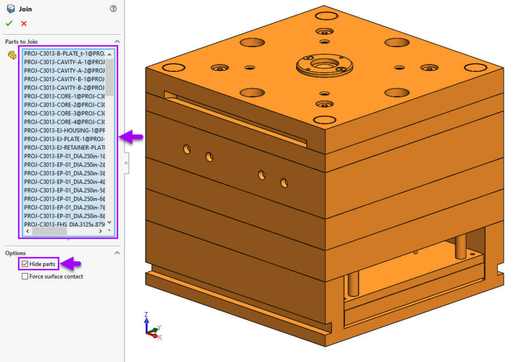 A diagram showing how to select all parts in the assembly