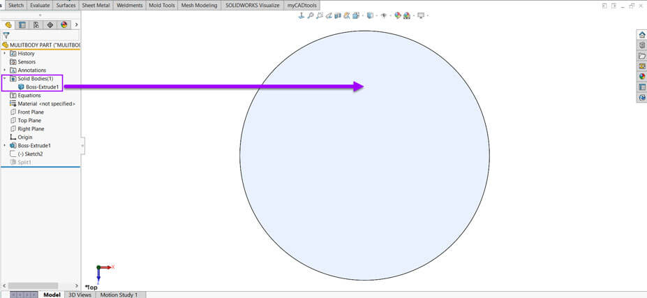 A screenshot of SOLIDWORKS with a single body part