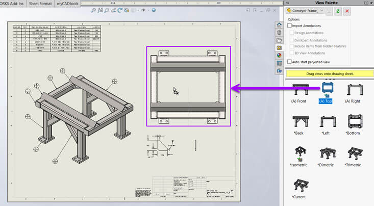 SOLIDWORKS screenshot showing how to add a model view to the drawing sheet