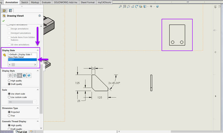 SOLIDWORKS screenshot showing how set a display state