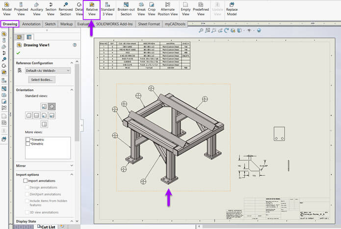 SOLIDWORKS screenshot showing how to select a relative view
