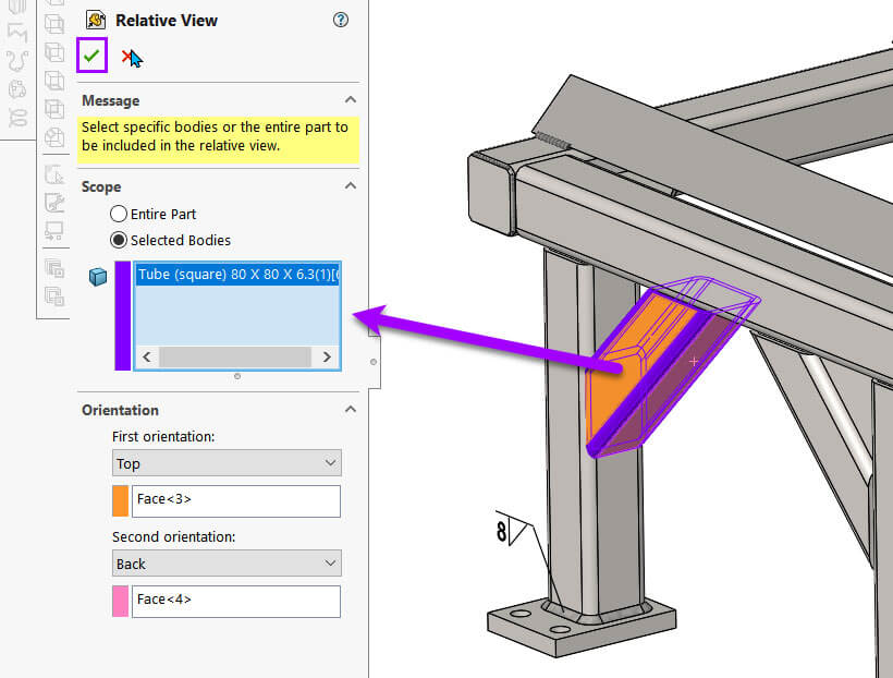 SOLIDWORKS screenshot showing how to choose selected bodies
