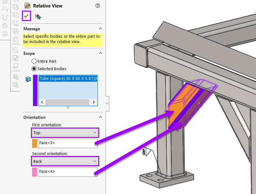SOLIDWORKS screenshot showing how to specify the faces that set the orientation of the model view