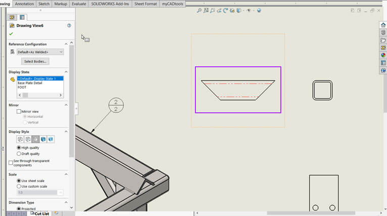 SOLIDWORKS screenshot showing how to place a new view
