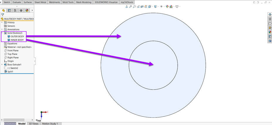 Shows a part split into multiple bodies