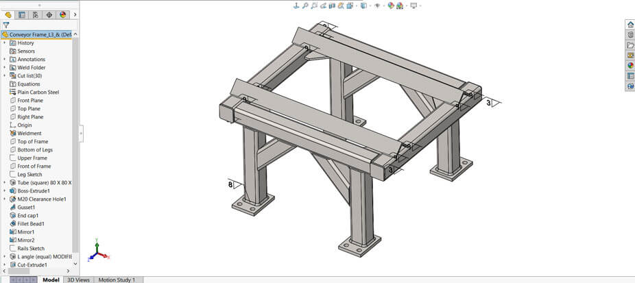 SOLIDWORKS screenshot displaying as a weldment part
