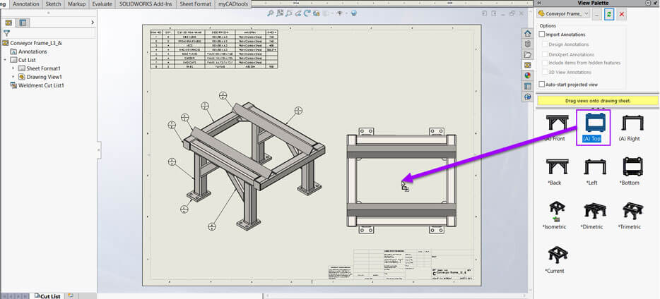 SOLIDWORKS screenshot showing how to drag in drawing view