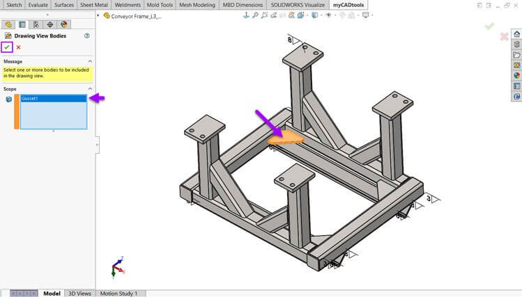 SOLIDWORKS screenshot showing how to choose body from part