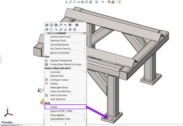 SOLIDWORKS screenshot showing right clicking the model body