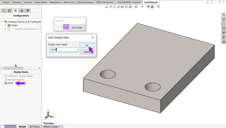 SOLIDWORKS screenshot showing how to add a new display state