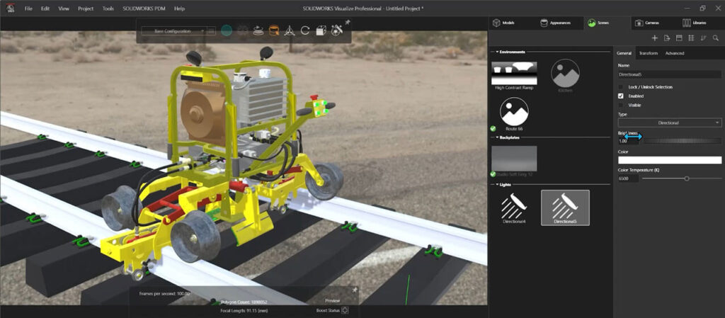 A screenshot of SOLIDWORKS Visualise with a Frangus product model.