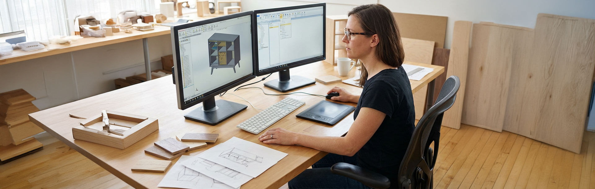 An image of a designer working at a desk using a computer with SWOOD running on it.