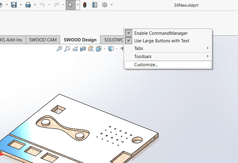 Screenshot of the SolidWorks Command Manager submenu displayed after right-clicking in the Command Manager area.