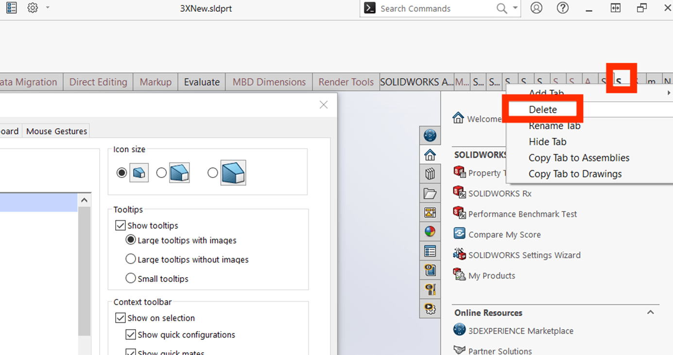 Screenshot showing how to select and delete tabs while customizing the SolidWorks Command Manager.