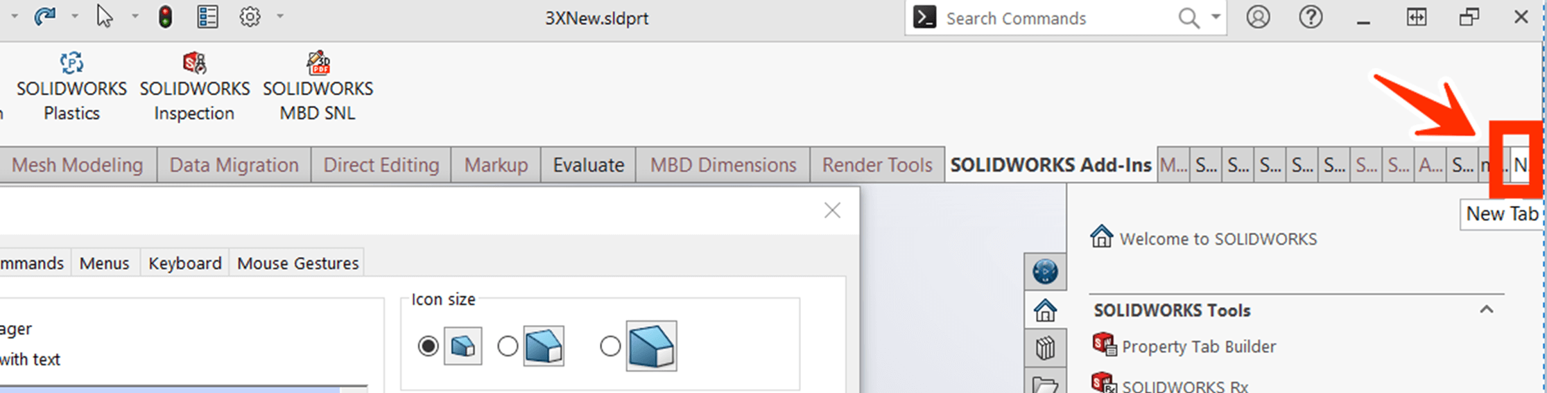 Screenshot highlighting the New Tab button that users select while customizing the SolidWorks CommandManager.
