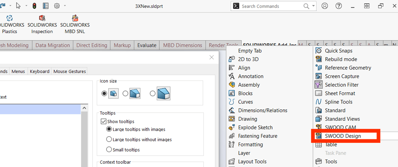 Screenshot highlighting Swood Design in the list displayed after selecting New Tab.