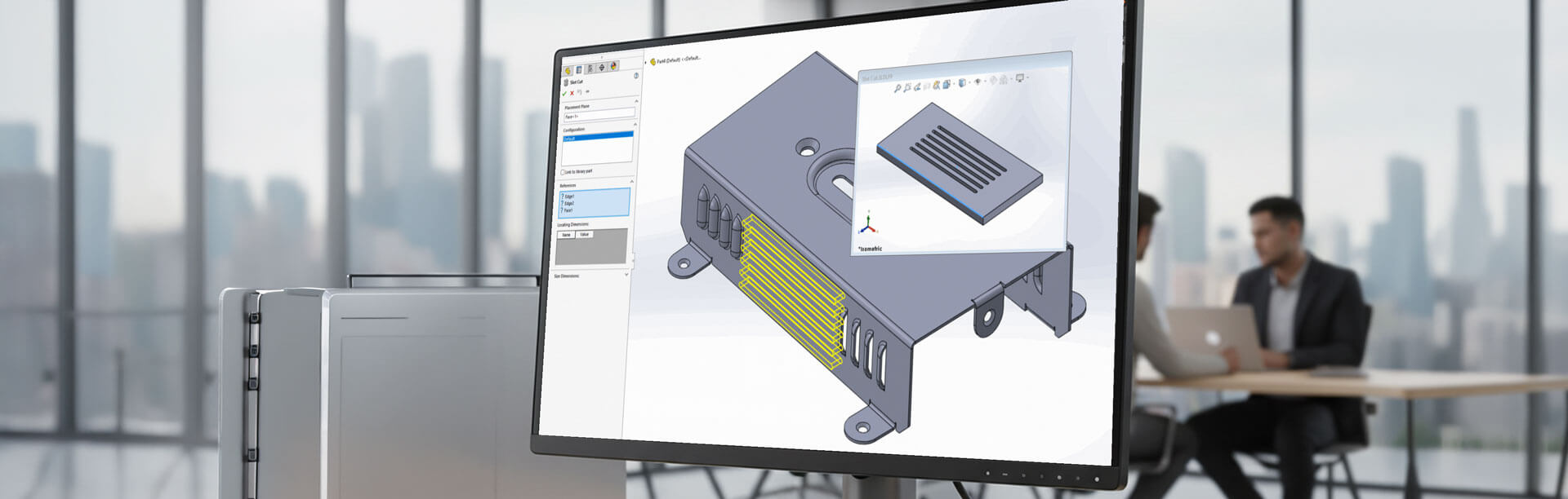 A picture of a desktop computer monitor with SOLIDWORKS running on it with the Library Feature showing